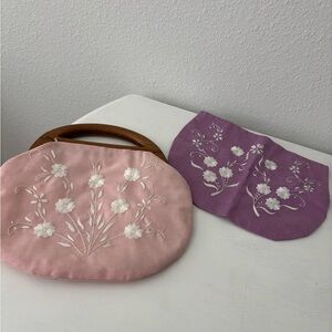 Vintage Wooden Handle Bermuda Bag Pink Purple Floral White Embroidered Clutch